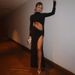 Elegant Solid Color Long Sleeve Hollow Out Bodycon Midi Dress For Women, Casual Crewneck Spring Summer Office Dinner Party Wear_ecoleips.com