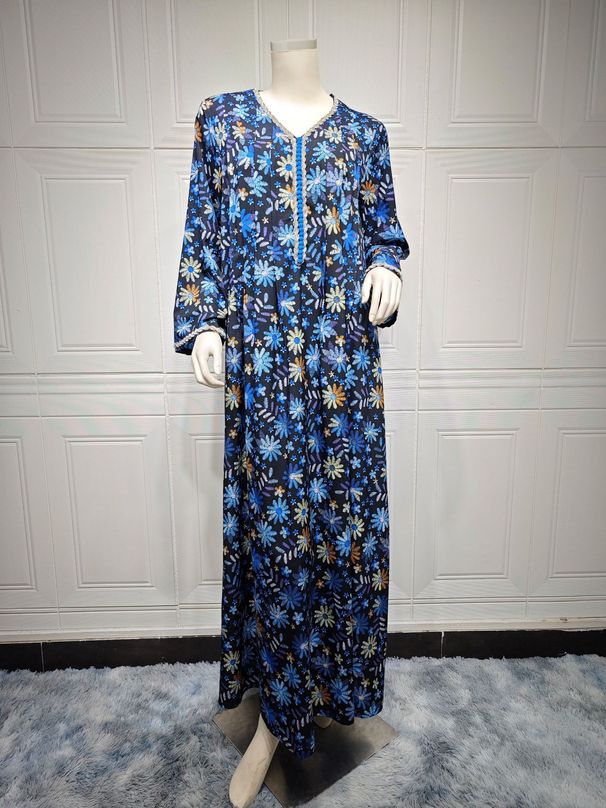 Women's Clothing Large Size Women's V Neck Dress Diamond Fashion Printed Southeast Asian Robe Long Skirt_ecoleips.com
