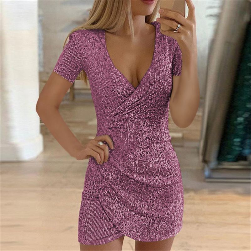 Women's Clothing Sexy V-neck wrap hip irregular short-sleeved sequin dress woman_ecoleips.com
