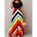 Women's Clothing Short Sleeved Round Neck Striped Dress Long Skirt_ecoleips.com