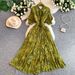 Elegant French Style V Neck Dress with Bow Printed Design Lantern Sleeves Slimming Waist Ruffled Hem for Women_ecoleips.com