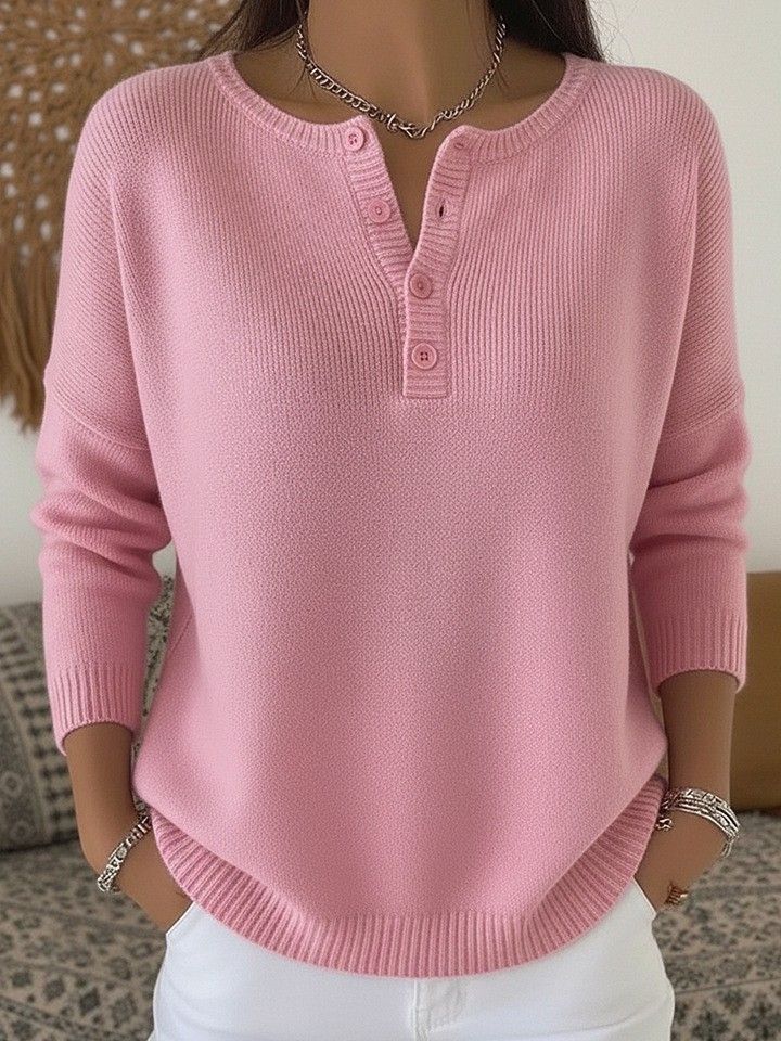 Women's Knitted V Neck Sweater Button Detail Solid Color Autumn Winter Fashion For Christmas_ecoleips.com