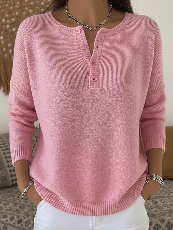 Women's Knitted V Neck Sweater Button Detail Solid Color Autumn Winter Fashion For Christmas_ecoleips.com