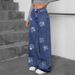 Women High Waist Wide Leg Jeans, Floral Rhinestone Embellished Loose Denim Trousers For Daily Streetwear_ecoleips.com