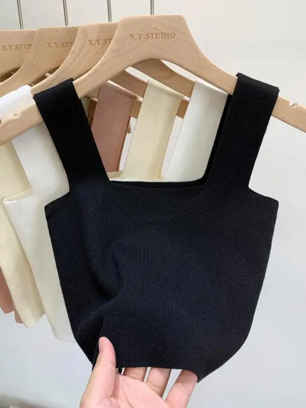 AOSSVIAO 2026 Summer Women Sexy Sleeveless Tops Fashion Short Square Collar Tank Tops 6 Colors Knitted_ecoleips.com