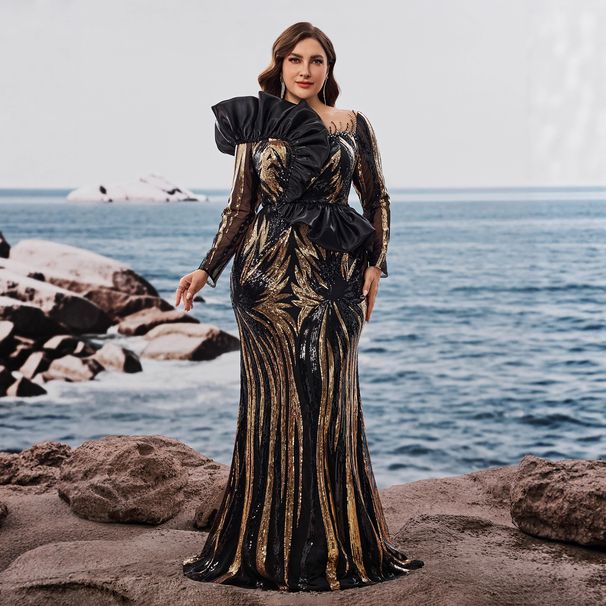 Elegant European American Long Sleeved Sequined Embroidered Mermaid Evening Gown Ruffled Beaded Formal Dress for Women_ecoleips.com
