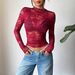 Sheer Lace Long-Sleeve Top – Sexy Bodycon Knit Blouse With Geometric Lace Detailing (Wine Red/White/Black)_ecoleips.com