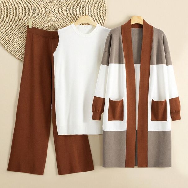 Women's 3-Piece Set Knitted Mid-Length Cardigan Vest And Wide Leg Pants Autumn Clothing European And American Style_ecoleips.com