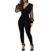 new solid color V neck mesh slim long sleeved jumpsuit trousers large stock_ecoleips.com