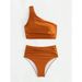 Elegant One-Shoulder Bikini Set – Modest High-Waisted Swimwear With Ruching Detail | UPF 50+ | Caramel/White/Blue/Gray | S/M/L/XL_ecoleips.com
