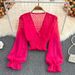 French V Neck Crossover Slim Fit Chiffon Blouse Women's Polka Dot Puff Sleeve Casual Top Waist Cinching Short Style Spring Autumn_ecoleips.com