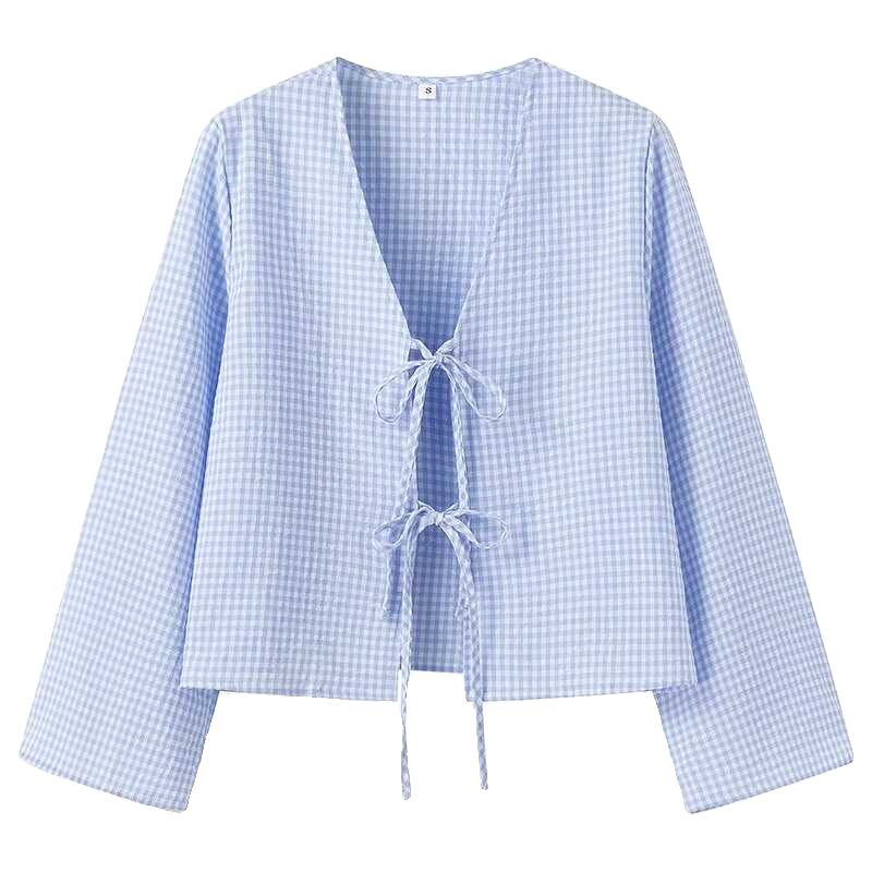 Women's Clothing Plaid Temperament V Neck New Style Fashionable All Match Solid Color Loose Long Sleeved Lace Up Plaid Cardigan Top_ecoleips.com