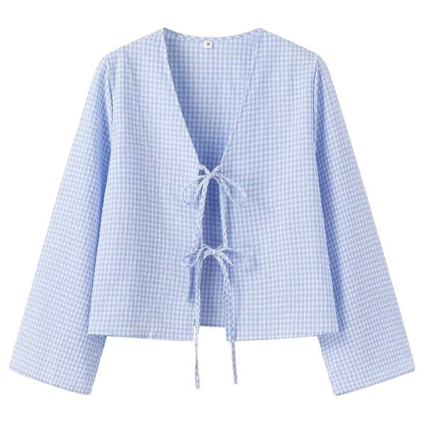 Women's Clothing Plaid Temperament V Neck New Style Fashionable All Match Solid Color Loose Long Sleeved Lace Up Plaid Cardigan Top_ecoleips.com