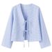 Women's Clothing Plaid Temperament V Neck New Style Fashionable All Match Solid Color Loose Long Sleeved Lace Up Plaid Cardigan Top_ecoleips.com