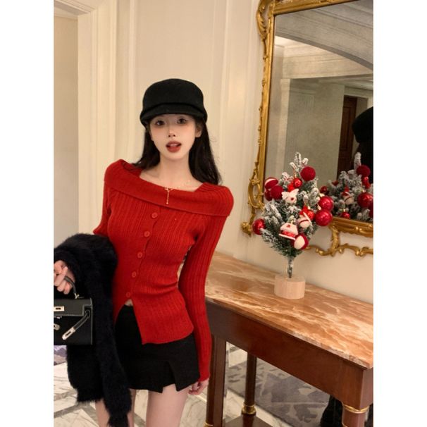 A Versatile Korean-Style One-Shoulder Sweater Cardigan For Autumn And Winter, Perfect For Feminine Outfits. Knitwear Top_ecoleips.com