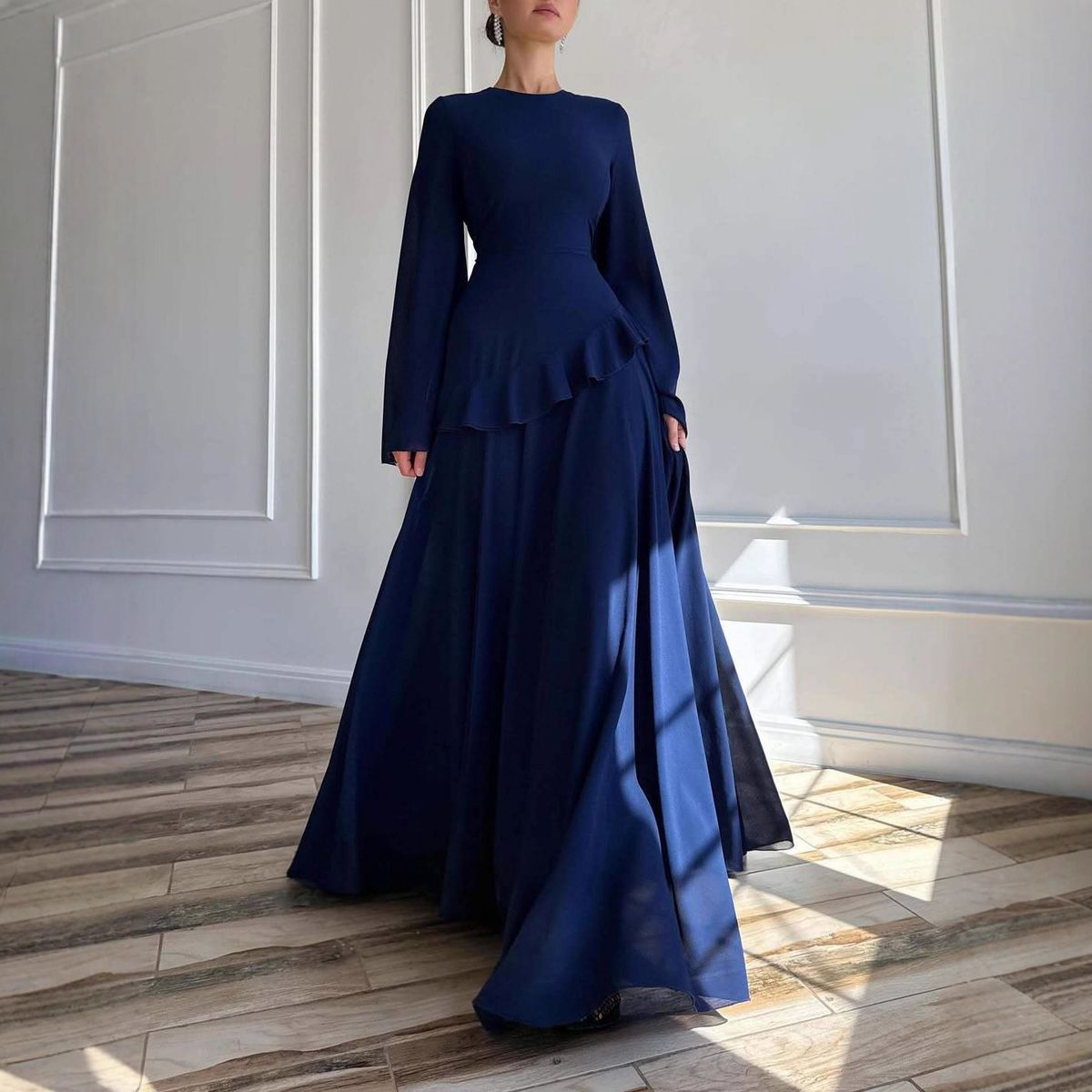 Elegant Chiffon Slim Fit Bodycon Dress for Women with Long Sleeve Flared Cuffs And High Waist Pure Color Flowy Dress (XS-XXXL 8 Colors)_ecoleips.com