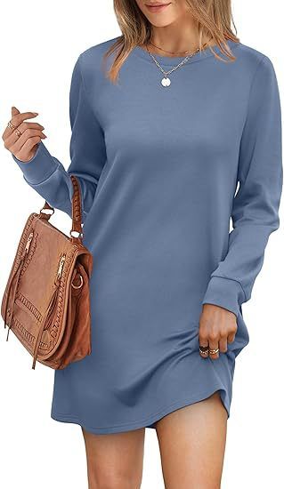 Women's Clothing Round Neck Back Pleated Pocket Long Sleeve Sweater Dress_ecoleips.com
