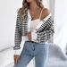 2025 Autumn Winter Color-Block Striped Lantern Long Sleeve Cardigan Sweater Short Coat Women's Fashion_ecoleips.com