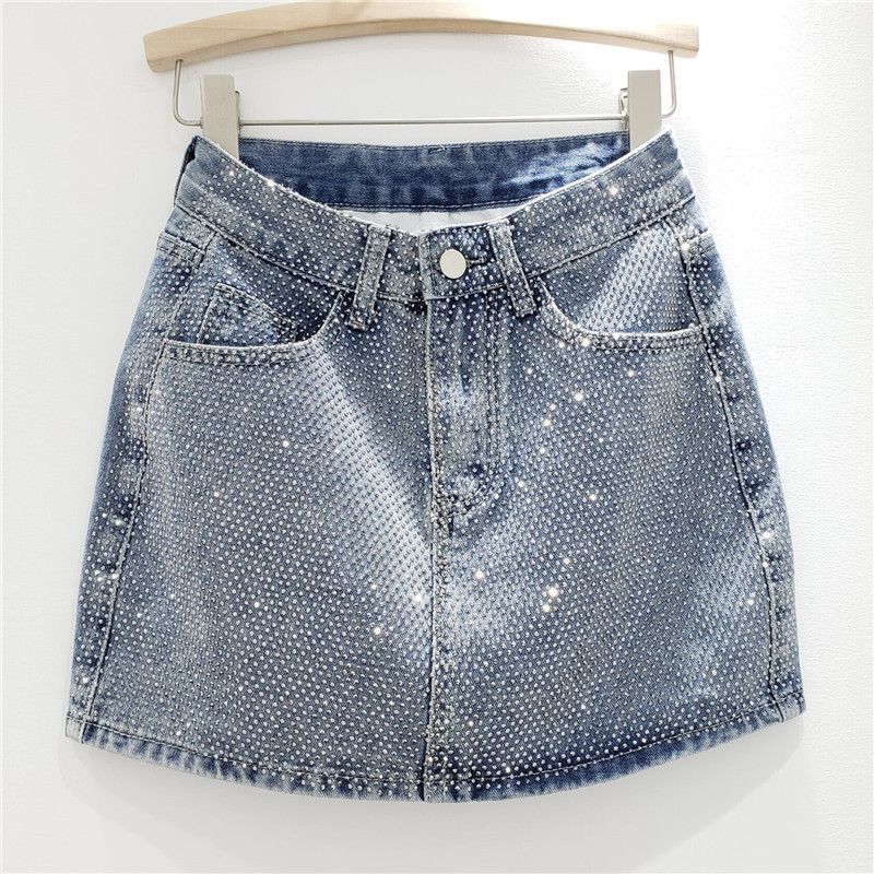 Women's Clothing Summer New Heavy Duty Hot Diamond Denim Skirt Women's Fashionable High Waist Slim A Line Hip Skirt_ecoleips.com