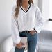 Color Matching V-neck Twist Lantern Long-sleeved Sweater Women's Clothing_ecoleips.com