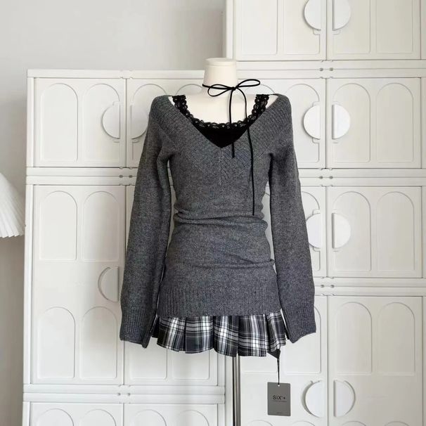 Women's 2 Piece Vintage Plaid Sweater Skirt Set – Sweet Lace Trim Knit Top And High Waist Mini Skirt For Fall_ecoleips.com
