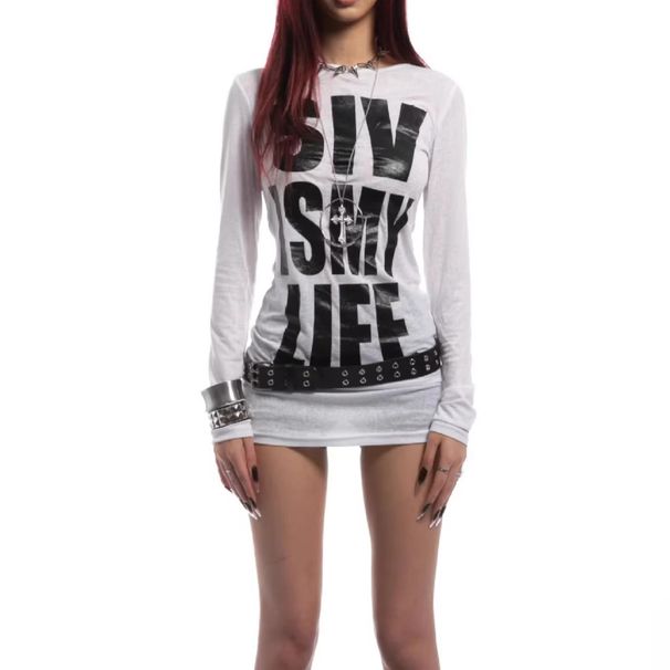Women's Slim Fit Long Sleeve T-Shirt Spring Wholesale Printed Y2K Cross Letter Niche Base Layer Independent Brand Clothing Tops_ecoleips.com