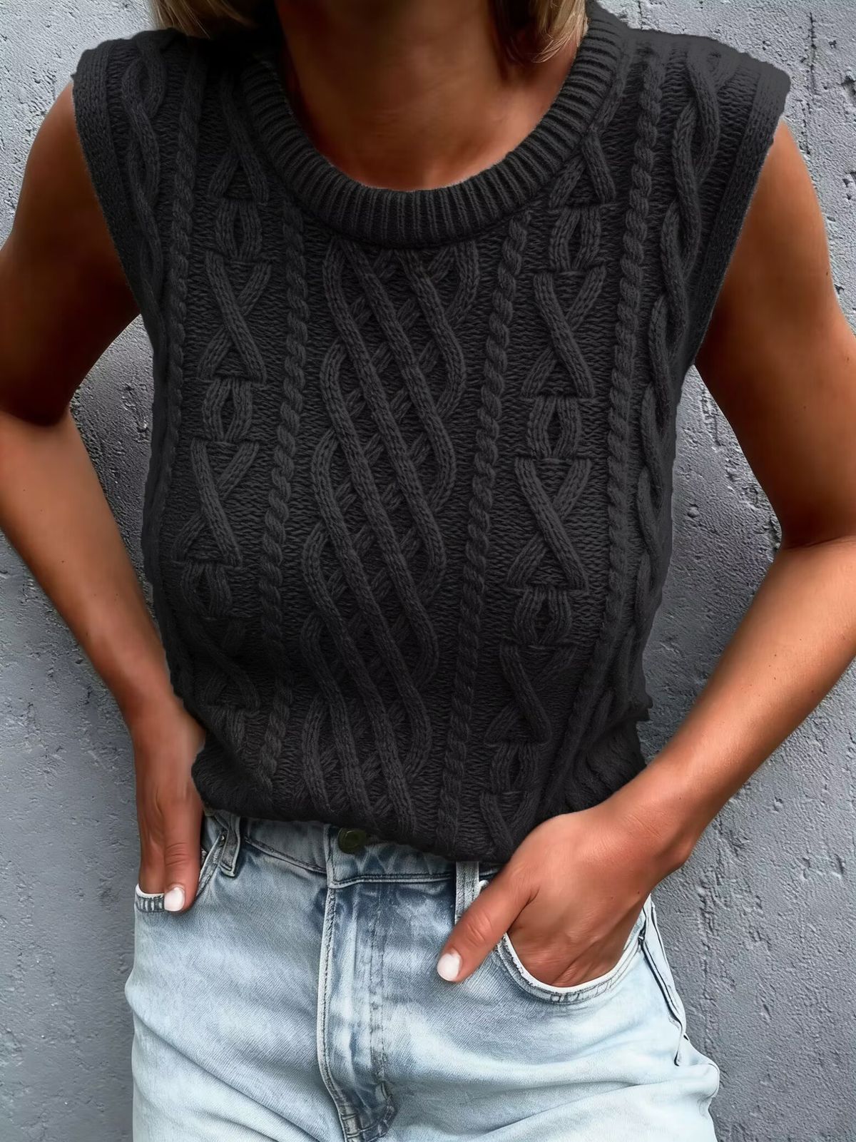 Women's Clothing Round Neck Sleeveless Cable Knit Top Vest Russian Spring Summer_ecoleips.com