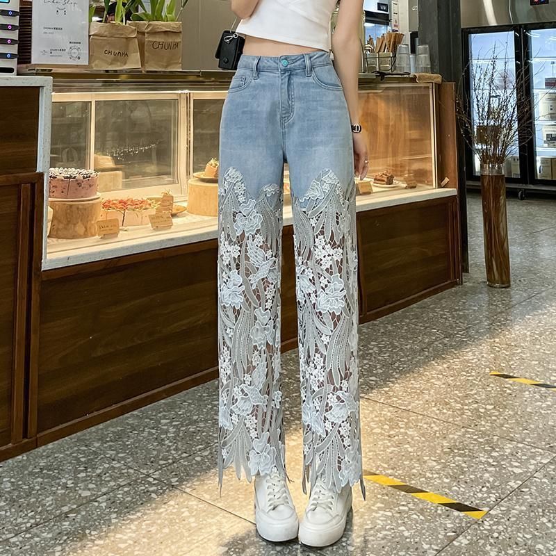Women Lace Stitching Niche For Summer New Straight Slim Retro Style Casual Jeans_ecoleips.com