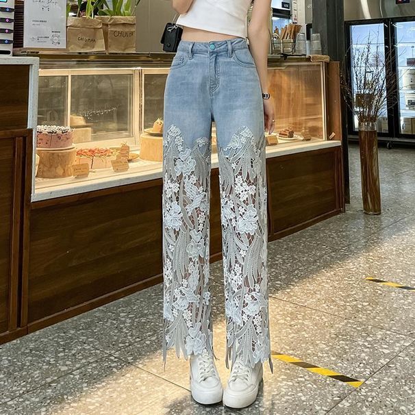Women Lace Stitching Niche For Summer New Straight Slim Retro Style Casual Jeans_ecoleips.com