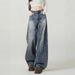 Retro Blue High Waist Wide Leg Jeans Women's Trendy Versatile Slimming Curved Sash American Style High Street Denim_ecoleips.com