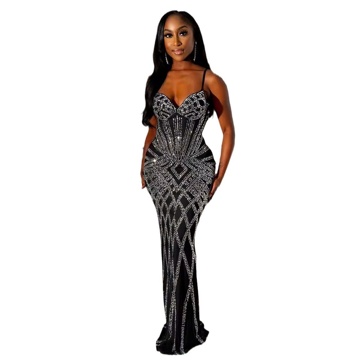 Women's Clothing Hot Diamond Sling Waist Elastic Hip Long Dress_ecoleips.com