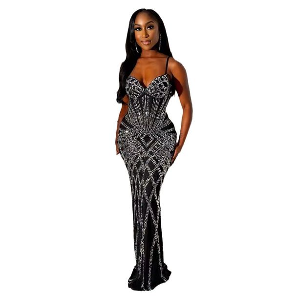 Women's Clothing Hot Diamond Sling Waist Elastic Hip Long Dress_ecoleips.com