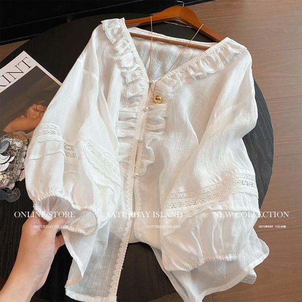 Brand Foreign Trade - De-branded Boutique French Unique Top With V-neck, Puff Sleeves, Gentle Style, Ruffled Lace Shirt_ecoleips.com