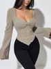 Women's Square Collar T-shirt With Bell Sleeves Knotted Hem Texture Long Sleeve Short Style Ribbed Knit Top_ecoleips.com
