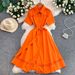Women's French Style Lace Trimmed Collared Shirt Dress Slimming Belted Waist Summer Long Commuter Friendly Dress_ecoleips.com