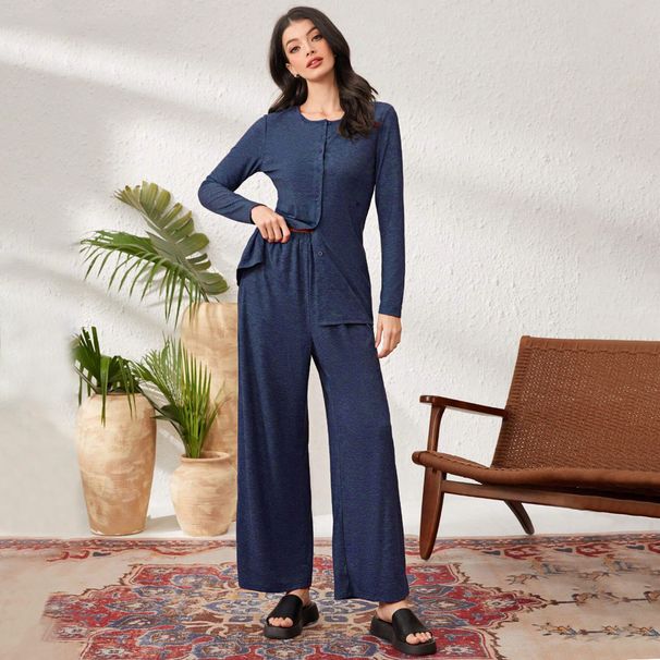 Voya Women's Daily Casual Home Set For Spring And Summer Simple Solid Color Comfortable Pants_ecoleips.com