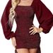 Women Sexy Square Neck Drawstring Ruched Slim Fit Glitter Shimmer Bodycon Party Dress_ecoleips.com