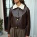 Women's Fleece Collar Cropped Leather Jacket, Vintage Single Breasted Short PU Moto Coat For Fall Winter_ecoleips.com