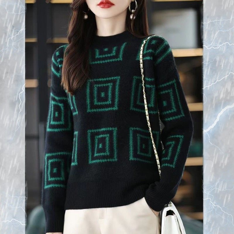 Chunky Geometric Jacquard Knit Sweater - Oversized High Neck Pullover For Women, Fall & Winter Casual Warm Tops_ecoleips.com