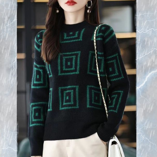 Chunky Geometric Jacquard Knit Sweater - Oversized High Neck Pullover For Women, Fall & Winter Casual Warm Tops_ecoleips.com