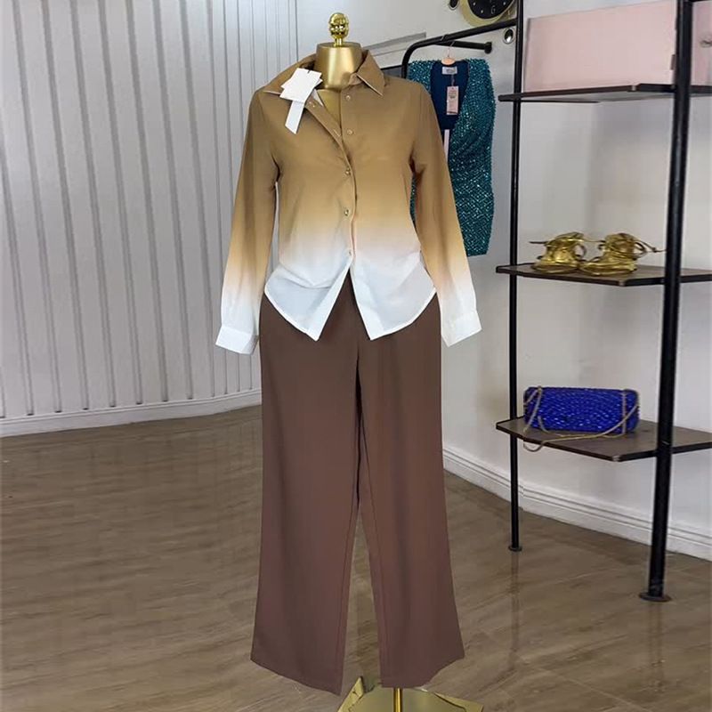 Women's Clothing Women's European American Style Sweet Fresh Gradient Color Long Sleeved Shirt And High Waist Straight Leg Pants Two Piece Set Autumn_ecoleips.com