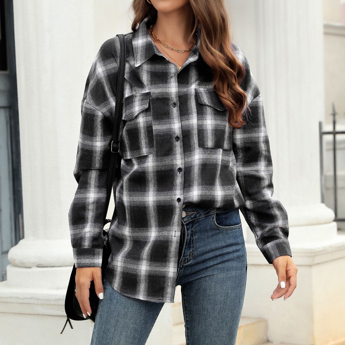 K Women's Long Sleeved New Plaid Button Up Shirt Top Jacket_ecoleips.com