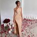 One Shoulder Ruched Slit Satin Dress Short Sleeved Sexy Style For Summer Inspired_ecoleips.com