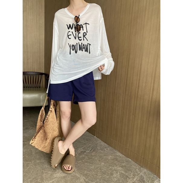 Sikan American Casual Style Cool Tencel Semi-transparent Letter Print Loose Sunscreen Long-sleeve T-shirt SN5996_ecoleips.com