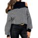Women's Off-Shoulder Striped Knit Sweater - Soft Acrylic Blend, Relaxed Fit, Chic Half-Turtleneck, Fall & Winter Casual Pullover, Trendy Loose Sleeves_ecoleips.com