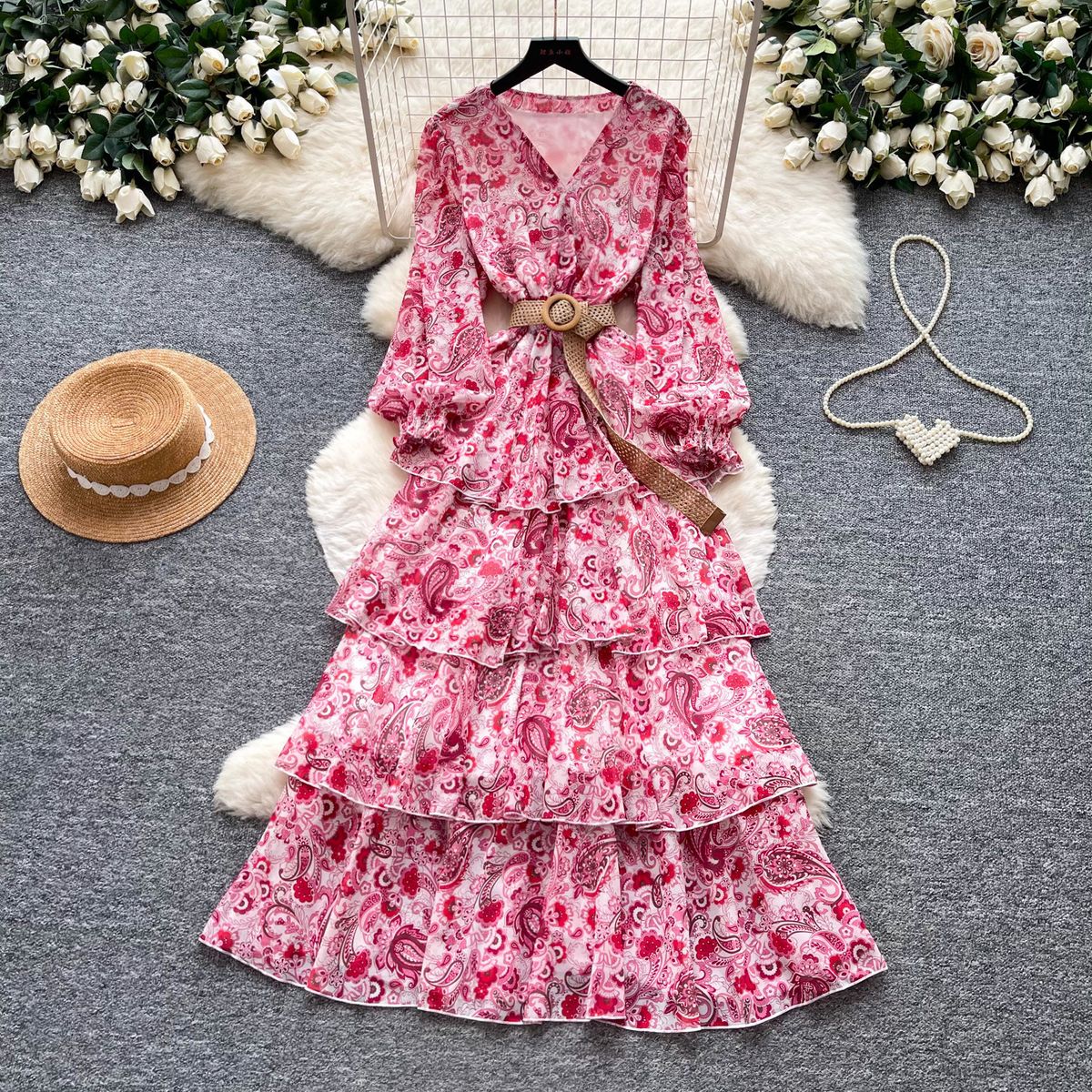 Women's French Retro Floral Dress V Neck Long Sleeve Summer Korean Style Slimming Ruffled Cake Skirt Romantic Temperament_ecoleips.com