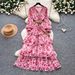 Women's French Retro Floral Dress V Neck Long Sleeve Summer Korean Style Slimming Ruffled Cake Skirt Romantic Temperament_ecoleips.com