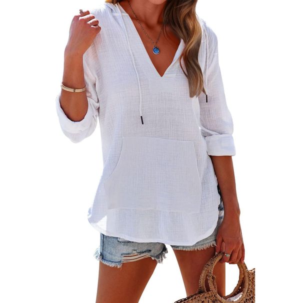 Women's Sporty Long Sleeve Hoodie V Neck Shirt Top With Pockets For Summer Amazon Beach Cover Up Casual Loose Fit Blouse_ecoleips.com