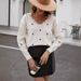Sweetheart Jacquard Sweater – V-Neck Fluted Hem Knit Top (Polyester Blend, White, S/M/L/XL)_ecoleips.com