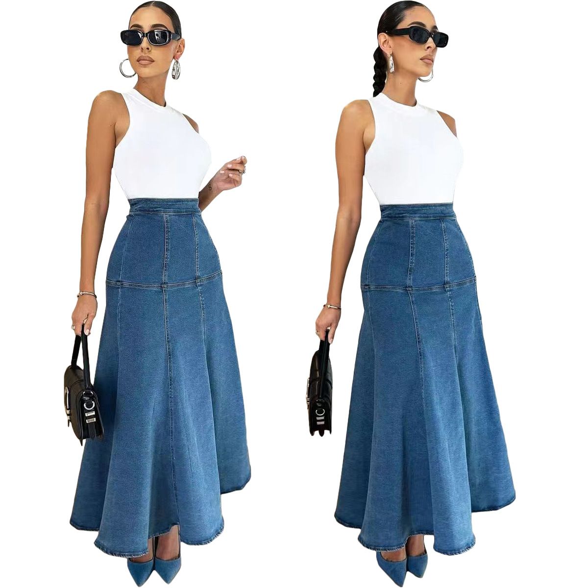 Verve D8681 Spring/Summer New Women's Denim Washed Flared Skirt International Station Style_ecoleips.com